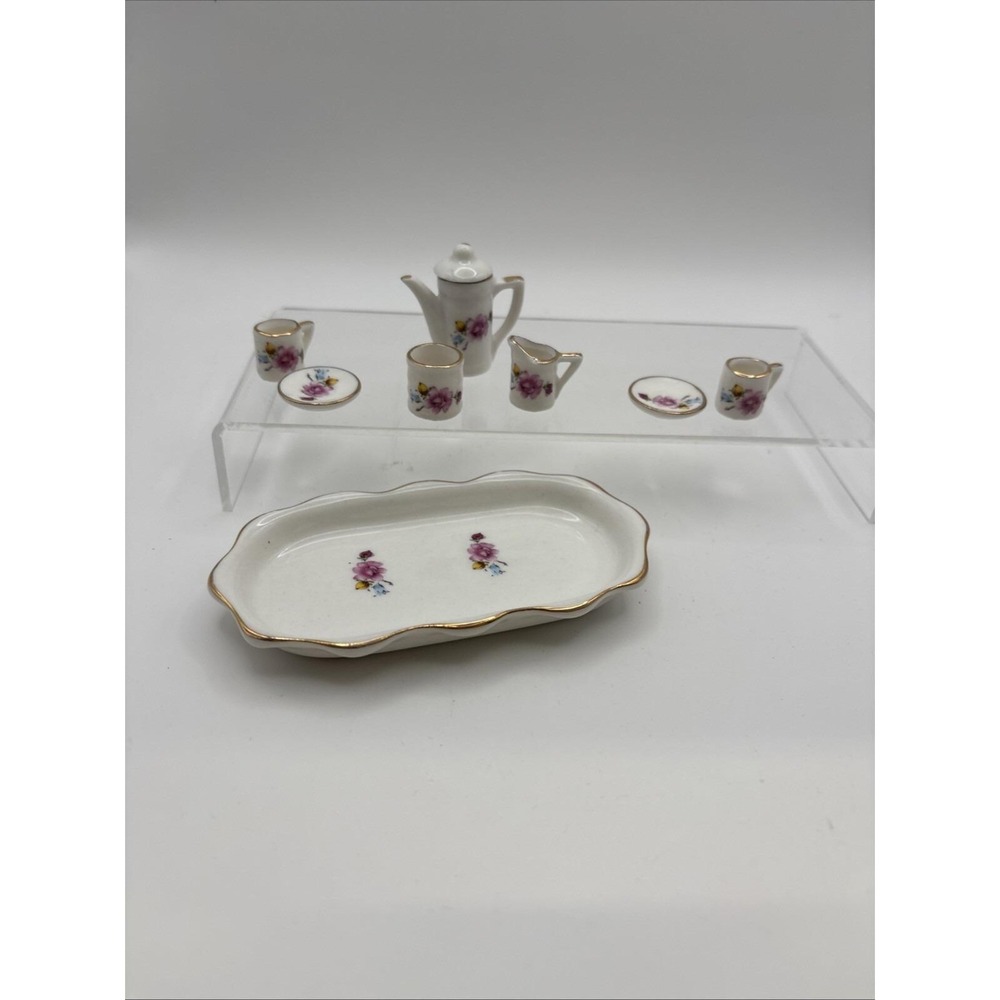 Vtg~Ceramic,‎ Pink/Red/Yellow Roses~9 pcs Miniture Tea Set